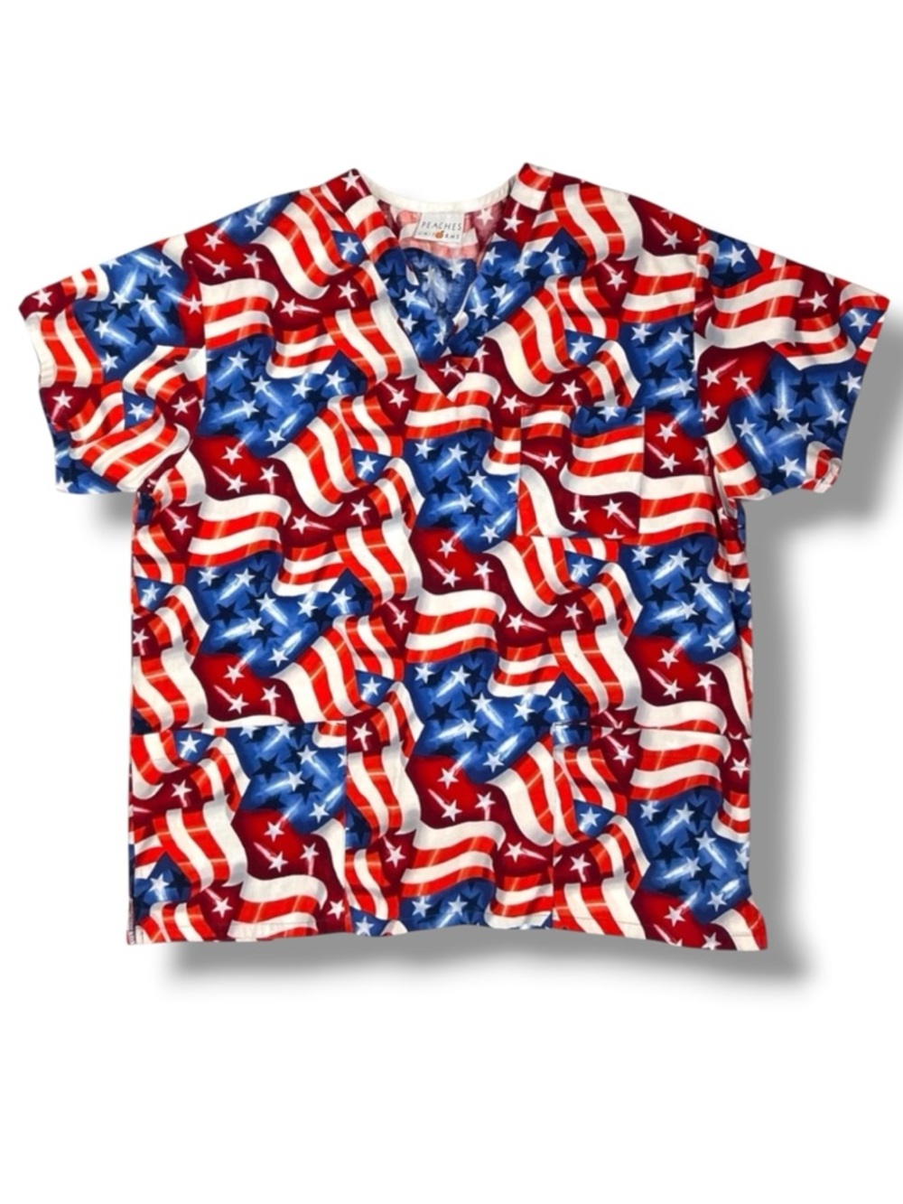 Peaches  Patriotic Nurse Medical Scrub Top Cotton  USA Flag Stars Stripe